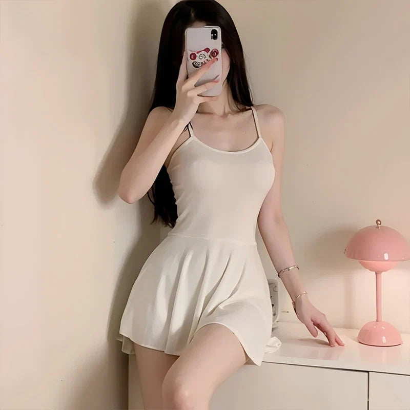 Women Sexy Halter Backless Slim V-neck  Mini Dress Smooth  Allure Pleated Micro MINI Dress Fashion Uniform Party Night Outfits