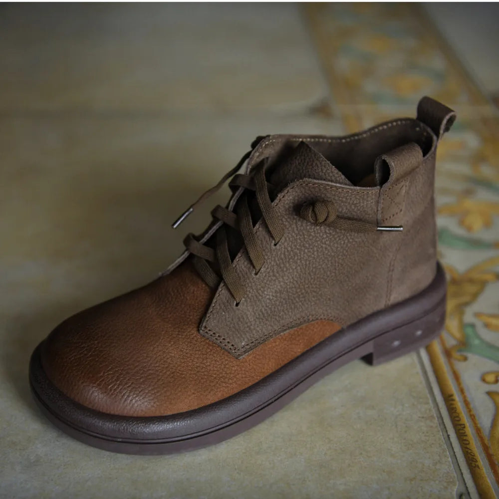 Top Cowhide Spell Color Classic Retro Boots Flat Soft Sole Women Genuine Leather Boots 2025 New Full Real Leather Trendy Boots