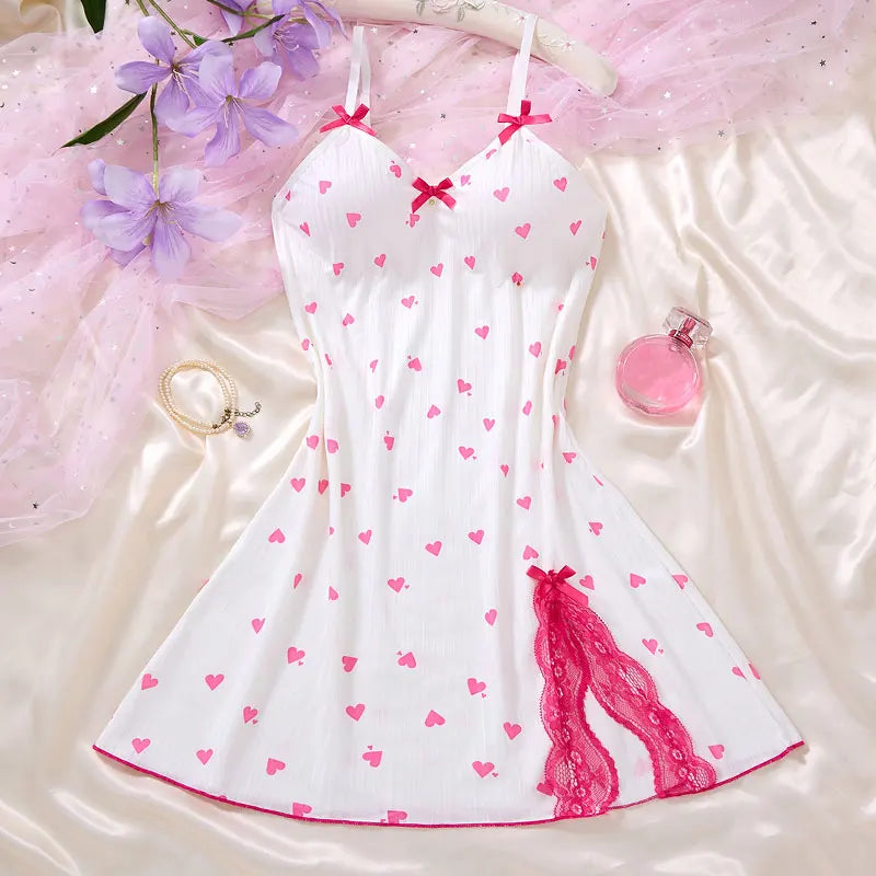 New Style Luxury Women Heart Print  Nightdress  Deep V Sleeveless Fashion Pajamas Seductive Sleep Dress Valentine's Women's Gift