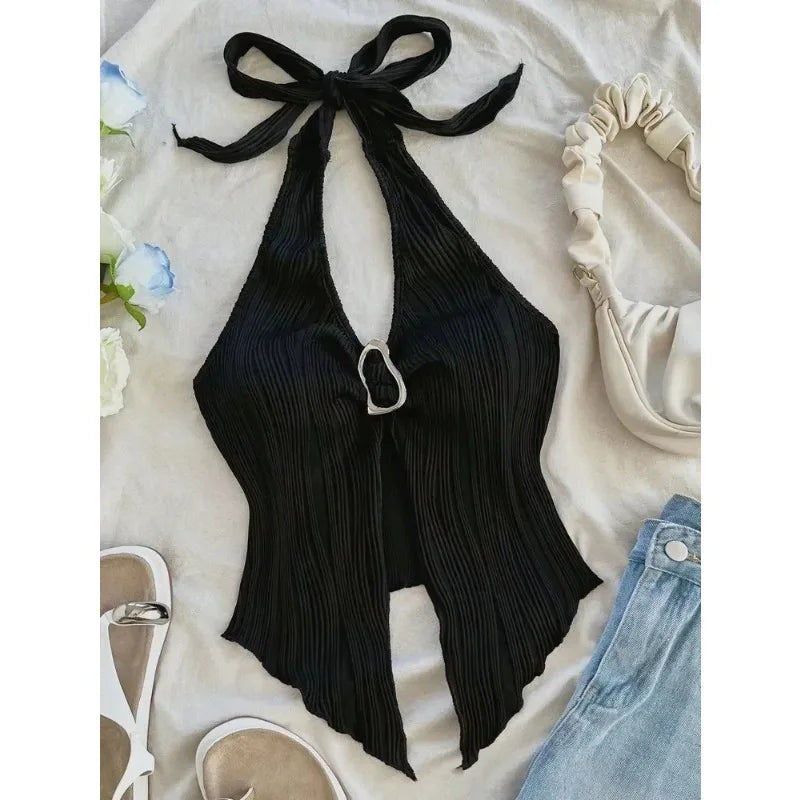 Summer for Women Sleeveless Top Clothes Solid Split Backless Women Sexy V-neck Halter Neck Crop Top