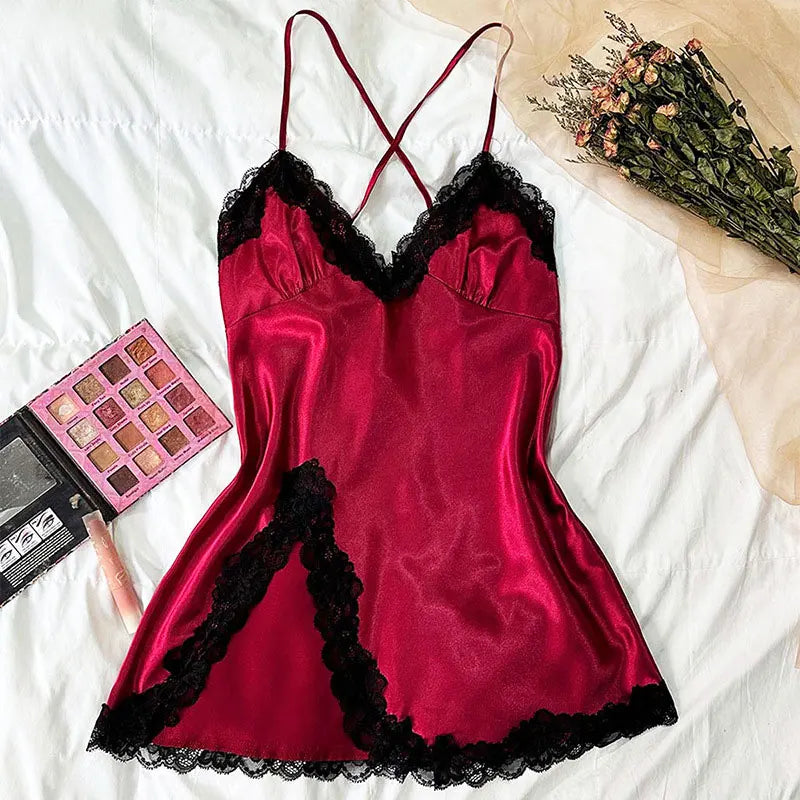 Ice Silk Thin Style Halter Nightdress Women's Lace  Homewear Sexy Pajamas Solid Lenceria Mujer Silk Satin Suspender Dresses