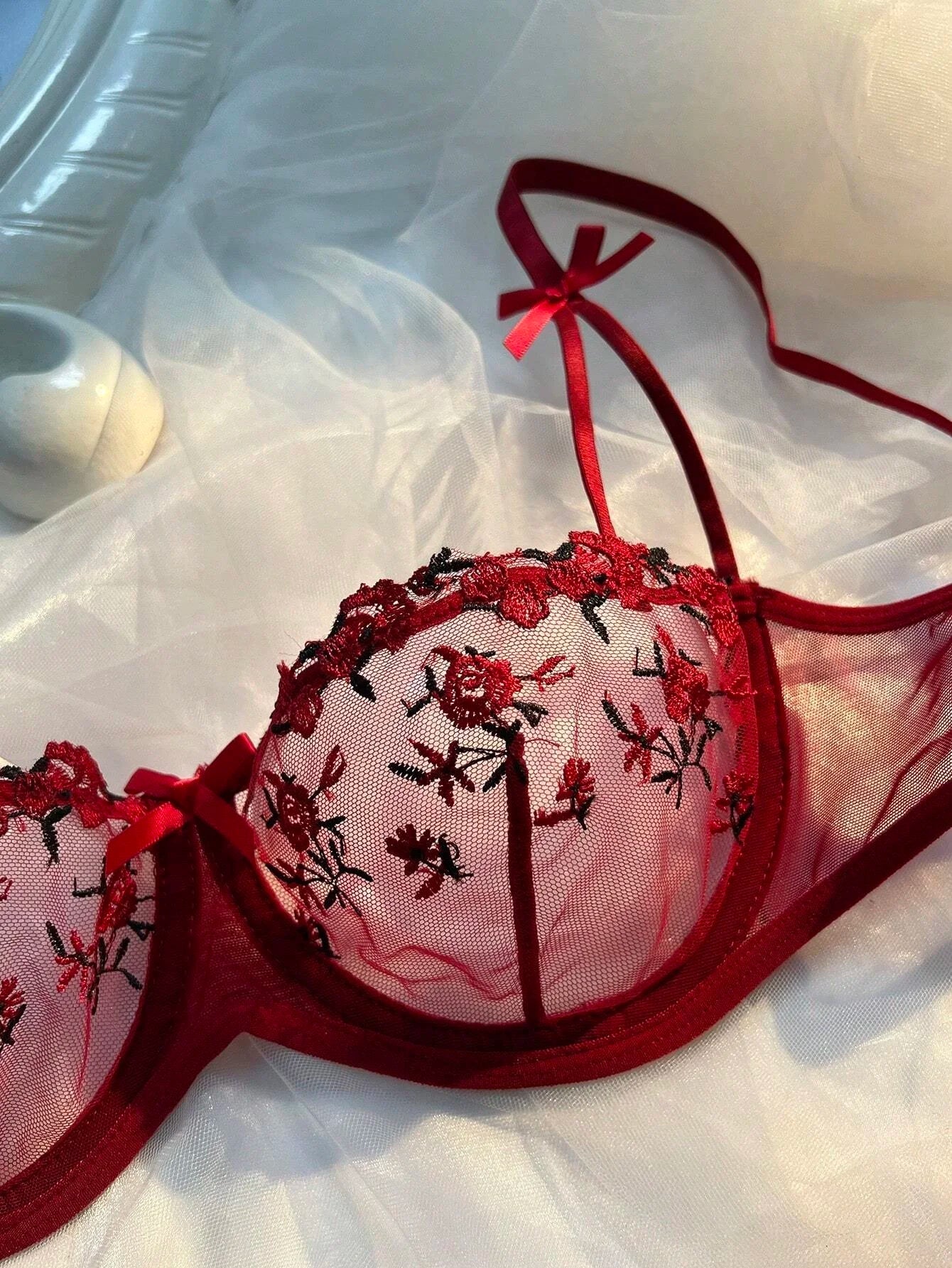 Sexy Lingerie Women Thin Transparent Lace See Through Female Erotic Underwear Bra And Panty Set Sleepwear Suit Embroidery Floral