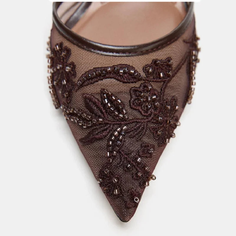 Sexy Pointed Toe Mesh Embroider High Heels for ladies Elegant String Bead pumps Summer Luxury Designer Shoe Brown Heeled Sandals