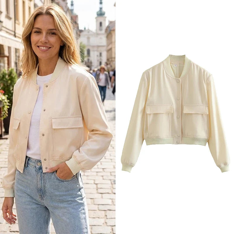 Willshela Women Fashion Solid Bomber Jackets Coat With Pockets V-Neck Single Breasted Long Sleeves Female Chic Lady Outfits