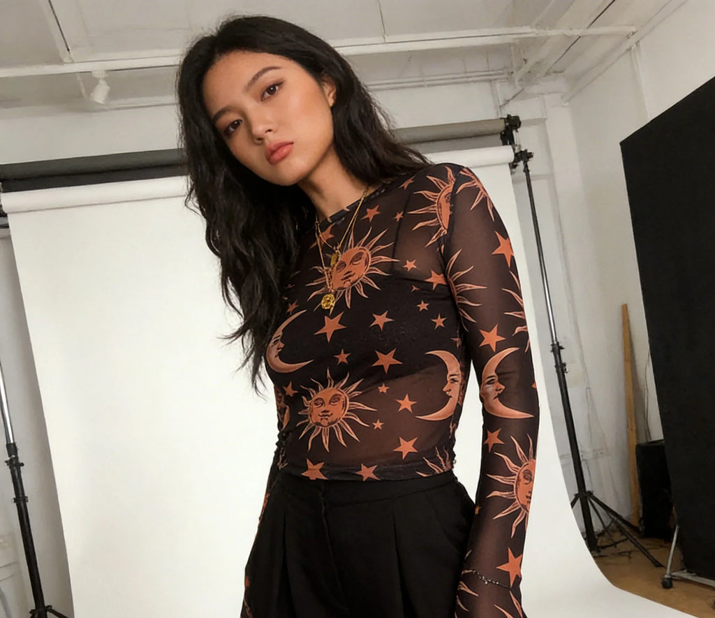 Women's New Style Black-and-White Sun-and-Moon Print Sheer Mesh T-Shirt Sheer Mesh Round Neck Base Layer T-Shirt