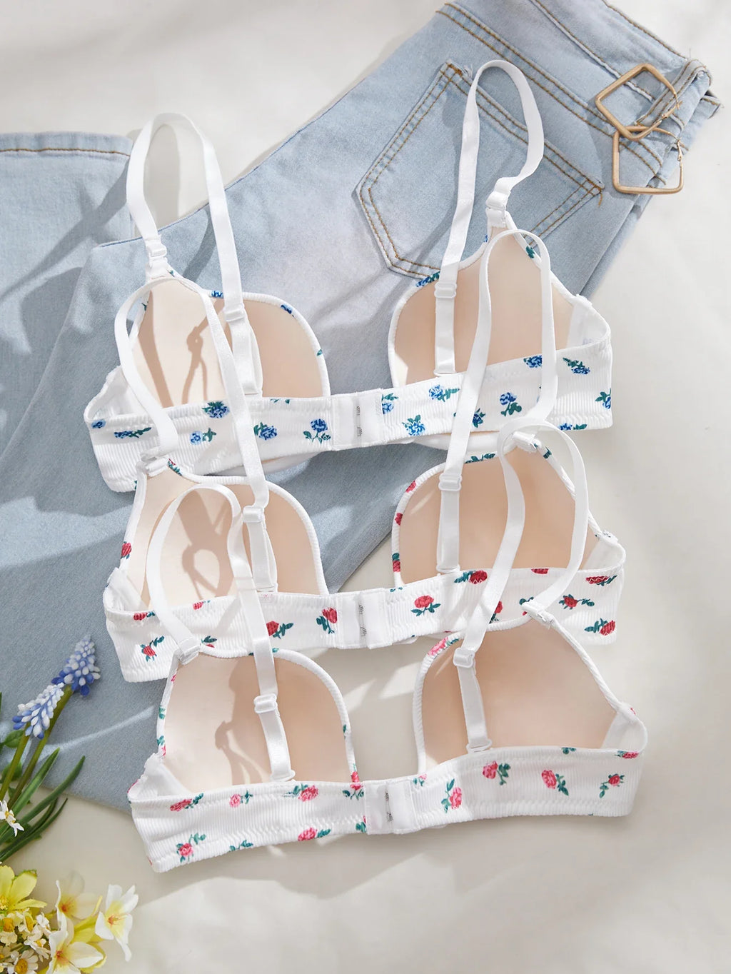 3-Pack Everyday Sweet Women's Bras Simple Solid Color Floral Print Thin Cup Patchwork Ribbed Push-Up Bra with Underwire Bra