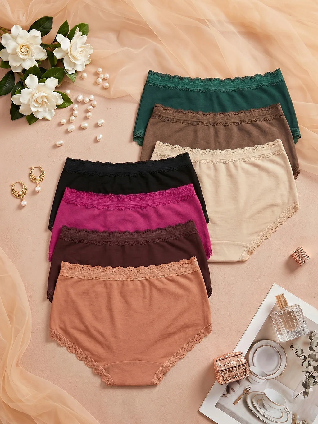 7Pcs/Set Women Lace Trim Seamless Panties Plain Sexy Lace Briefs Daily Breathable Girls Underwear Soft Plus Size Lingerie S-XXL