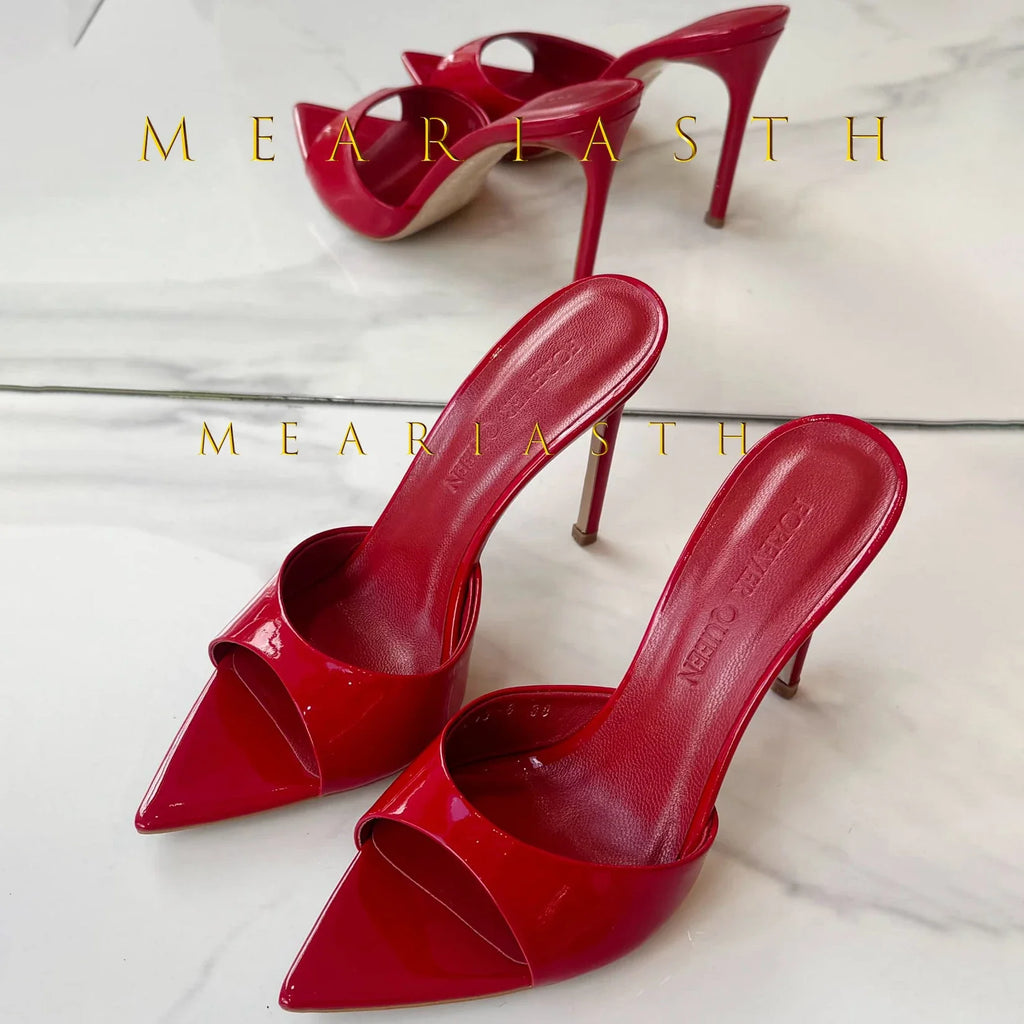 Ladies High-heeled Slippers Shoes Fashion Pointed Sexy Patent Leather Women with Open Toes and Party Wedding Stripper Sandals.