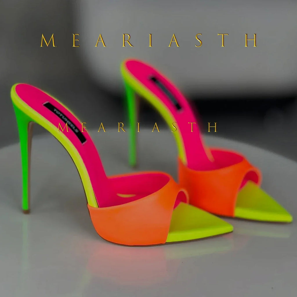 Ladies High-heeled Slippers Shoes Fashion Pointed Sexy Patent Leather Women with Open Toes and Party Wedding Stripper Sandals.