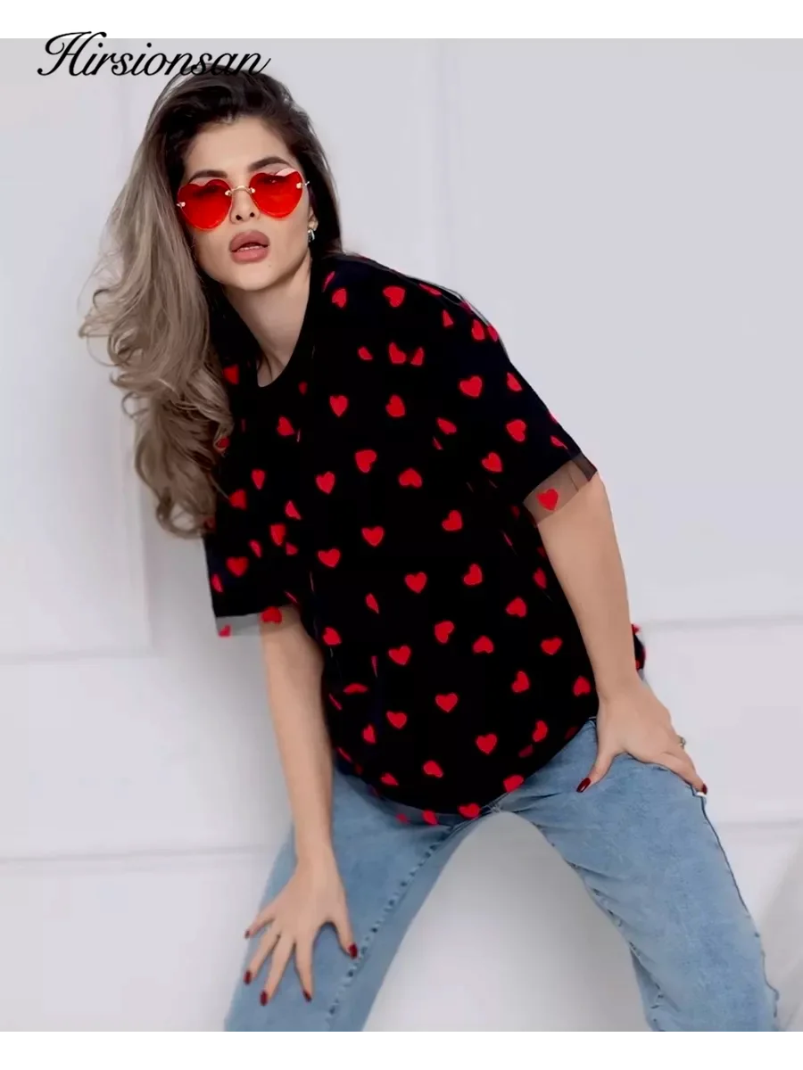Hirsionsan Heart  Mesh Patchwork Vintage T Shirt Streetwear Aesthetic Chic T Shirt Women Casual Cotton Short Sleeve Tops Y2k