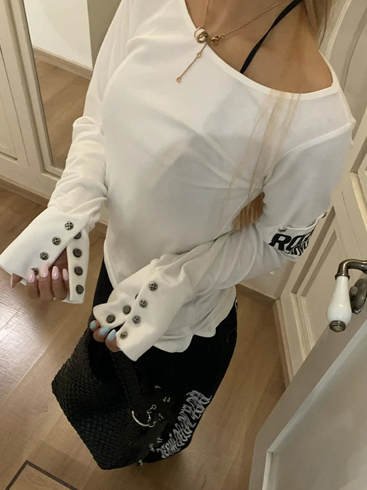 Tonngirls American Retro Print T-shirt Women Long Sleece Button Graphic Tops Y2k Tops 2000s Japanese Grunge Tops E-girls Autumn