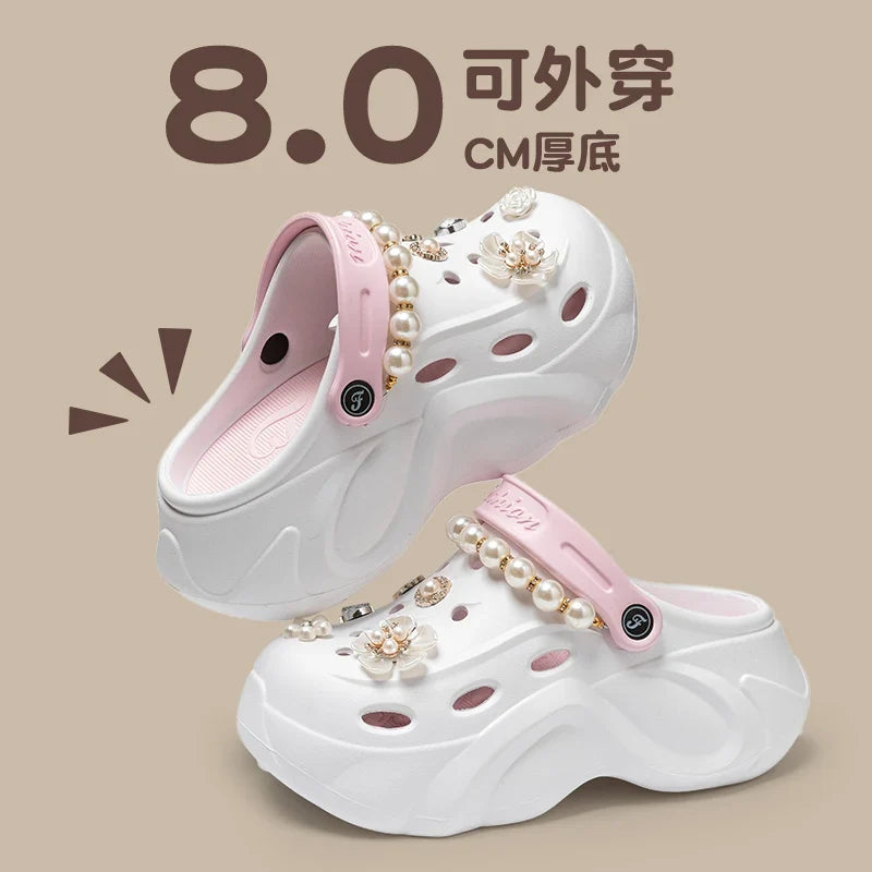 Summer Fashion Pearl Chain DIY Clogs Women 2025 Chunky Platform Slip On Sandals Women Thick Bottom EVA Slippers Shoes Woman Heel