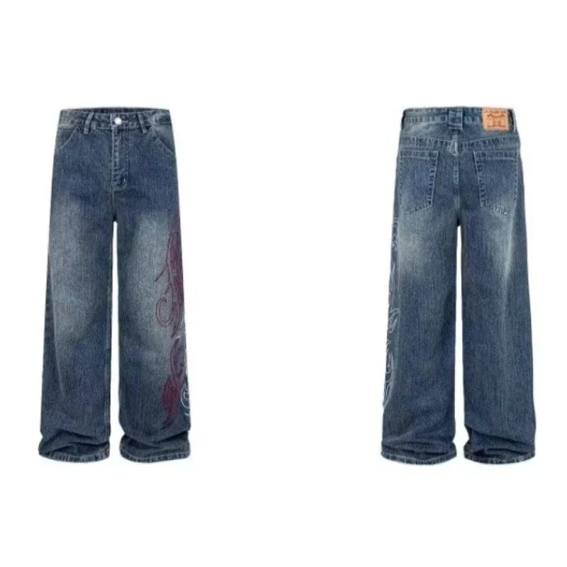 Women's Loose Straight Leg Jeans Elastic High-End Feel  European Fashion Embroidered Flower Trendy Versatile Wide Leg Jeans