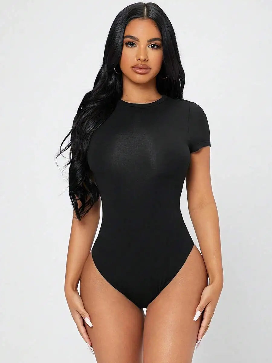 Petite Solid Slim Fit Short Sleeve Bodycon Bodysuit for Women