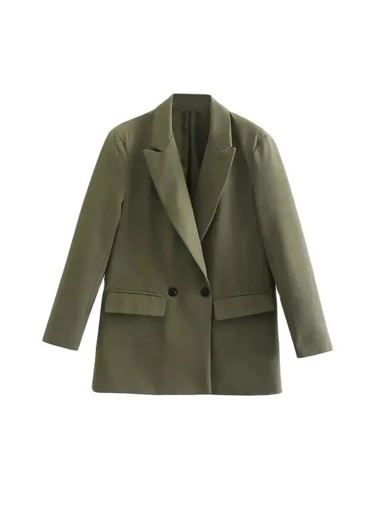 Women Fashion Double Breasted Loose Fitting Blazer Coat Vintage Long Sleeve Pockets Female Outerwear Chic Veste Femme