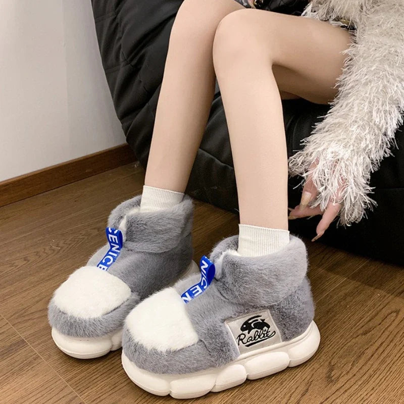 2025 Women's Winter Warm Shoes Plush Lining Indoor Slippers Couples Platform Heel High Top Snow Boots Female Male Home Slipper