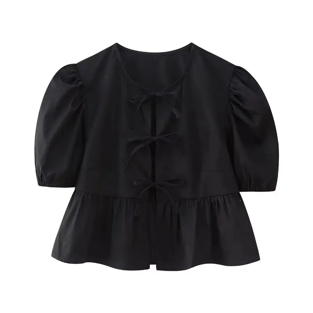 HH Fashion Solid Hollow Out Shirt Women Causal O Neck Short Sleeved Lace Up Tops Chic Female Casual Blouse Streetwear 2024