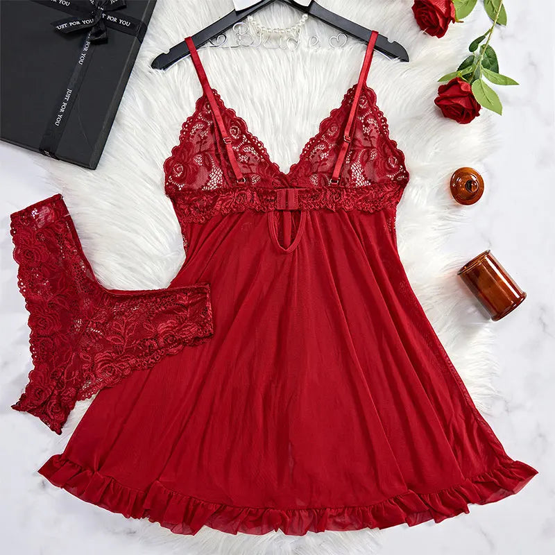 Ultra Sexy Lingerie Women Lace SeeThrough Nightdress Erotic PajamasSolid Soft Slim V Neck Sleepwear Summer Dress & Thong Kit