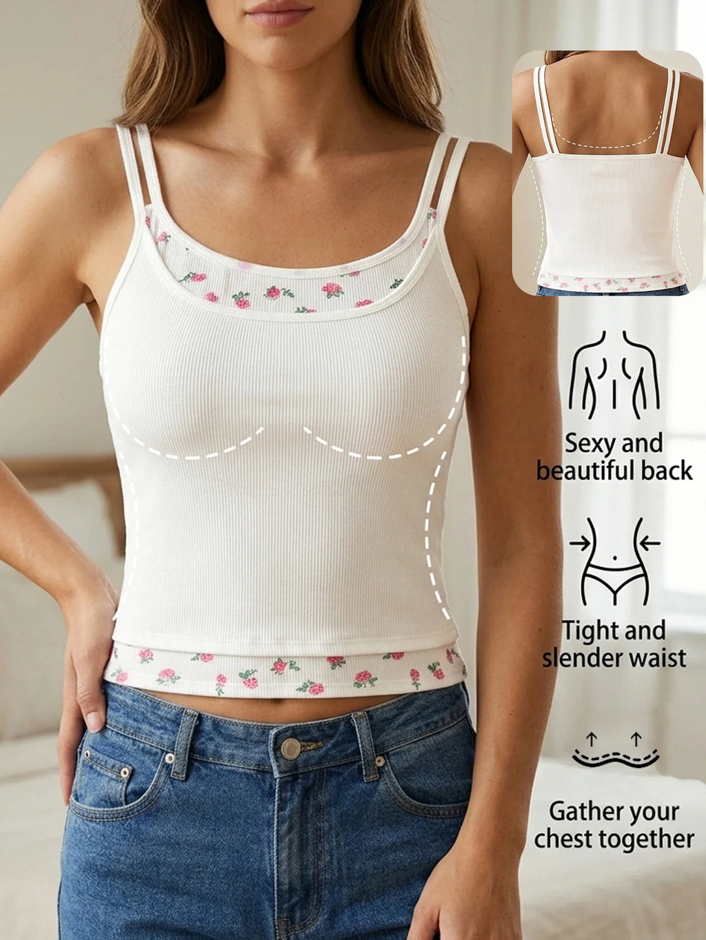 Women's Ribbed Cami Top with Floral Trim Built-in Bra Sleeveless Tank Top Fake Two-piece Slim Fit Casual Ladies Underwear