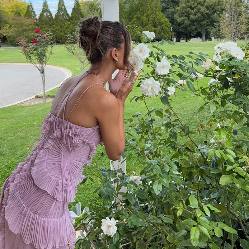 Chic pleated halter neck long vacation dress high quality purple strapless Lotus Edge Maxi Dress 2025 New Lady Vacation Gowns