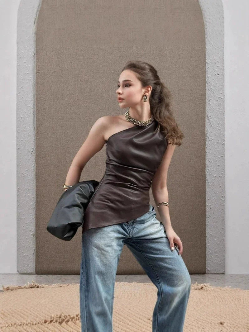 2024 Fall Snd Winter New Pure Color Slim Sleeveless One-Shoulder Slanting Collar Zipper Show Thin Jacket