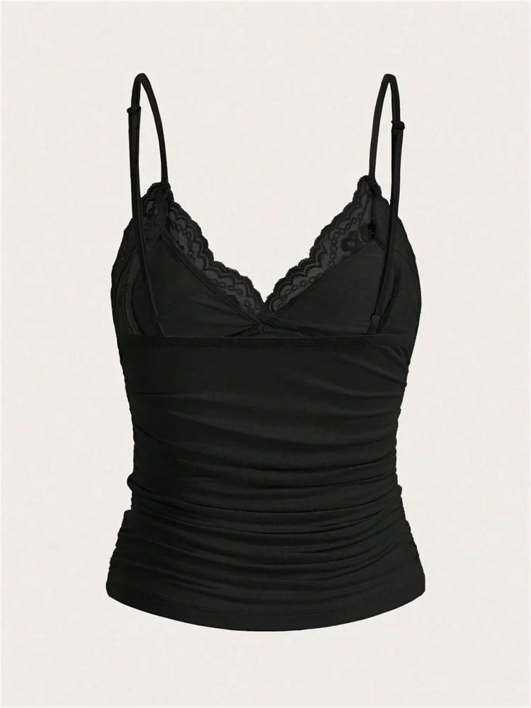 Sexy Contrast Lace Bow Front Crop Cami Top Women 2024 Summer Grunge Punk Y2K Clothes Ruched Skinny Backless Tee Shirt