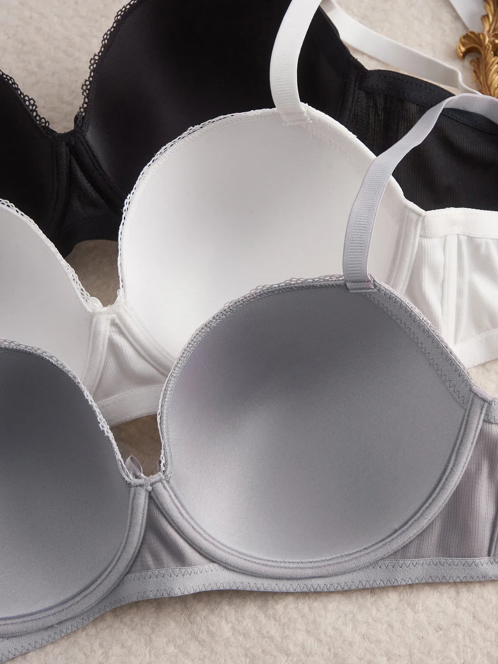 3Pcs Plus Size Women's Bras Lace Trim B C D E Thin Cup Ribbed Push up Bra Underwire Side Support Soft Women's Underwear Set