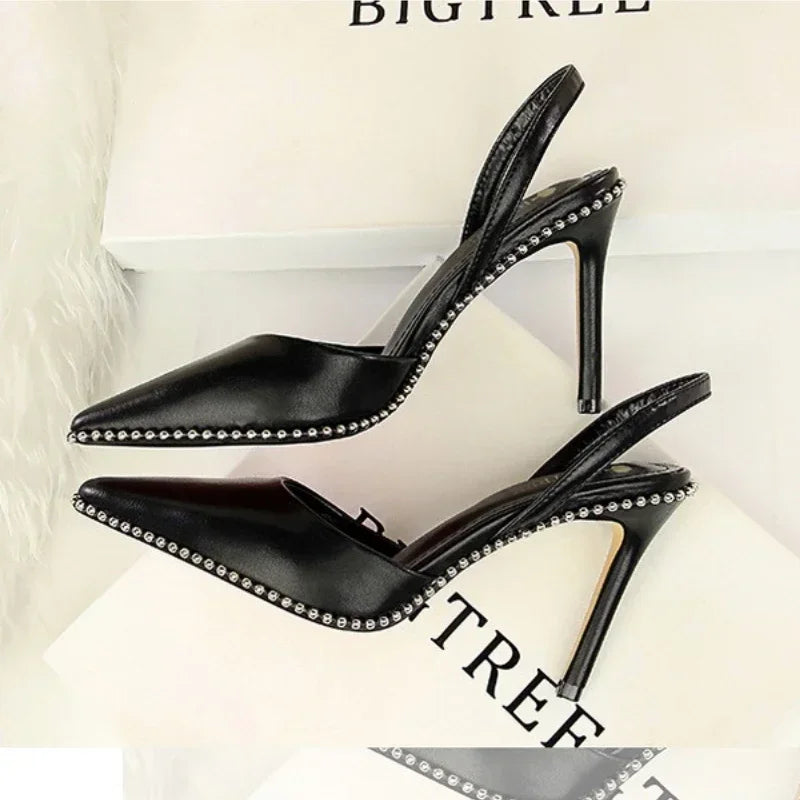 Branded Rivet Studded Beaded Design Sandals Women Summer Sexy Pointed Toe Thin High Heels Elegant Wedding Slide Pumps for Ladies
