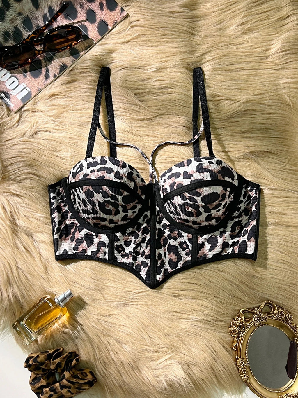 Hot Leopard Print Women's Corset Bra, Strappy Push up Bra Bustier Sexy Crop Top for Party