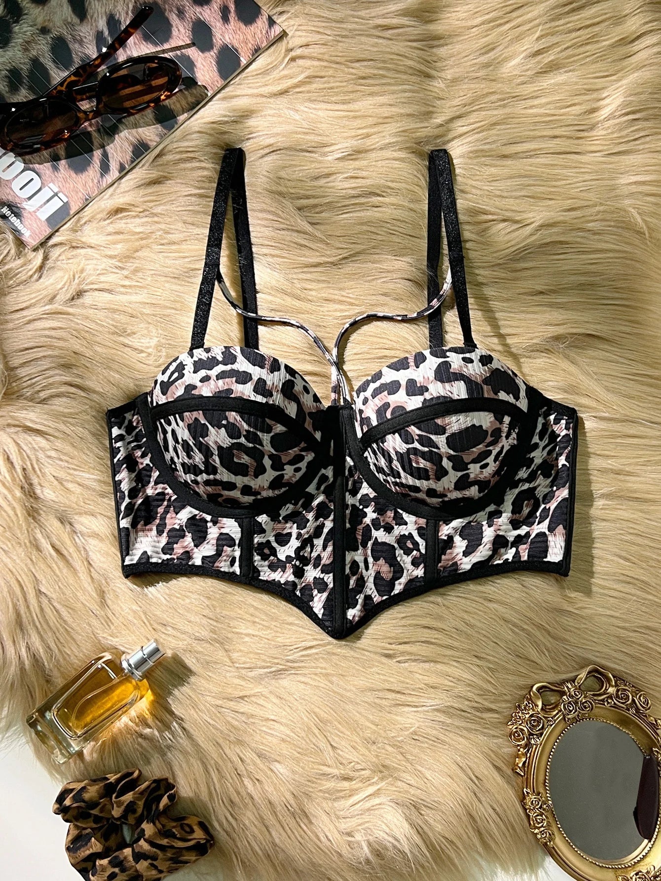 Hot Leopard Print Women's Corset Bra, Strappy Push up Bra Bustier Sexy Crop Top for Party