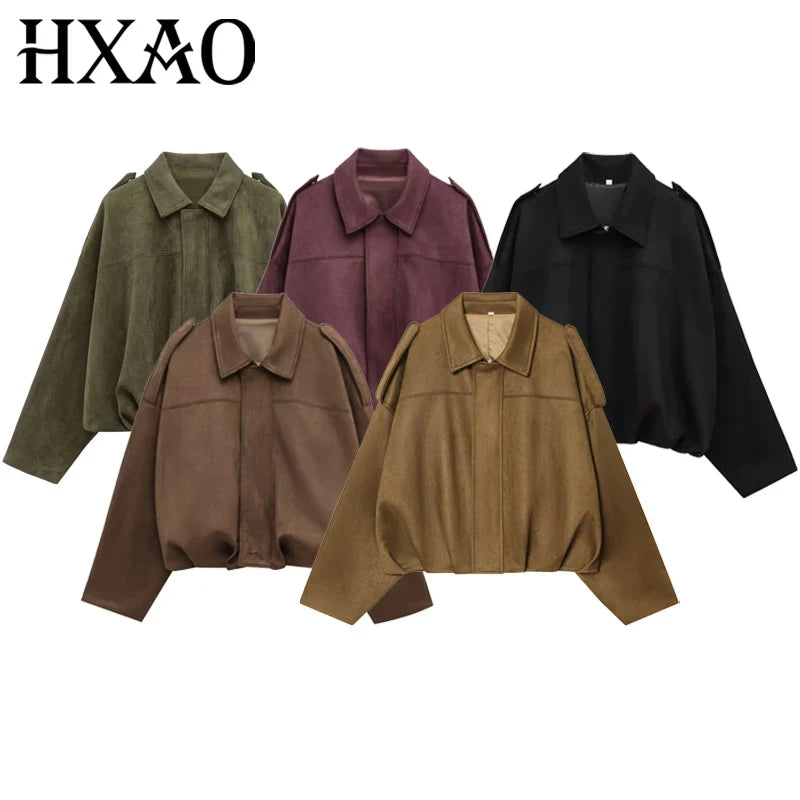 HXAO Suede Cropped Jacket Women's Bomber Jacket Oversized Batwing Sleeves Outerwears Lady Casual Loose Coat Street Style Jackets