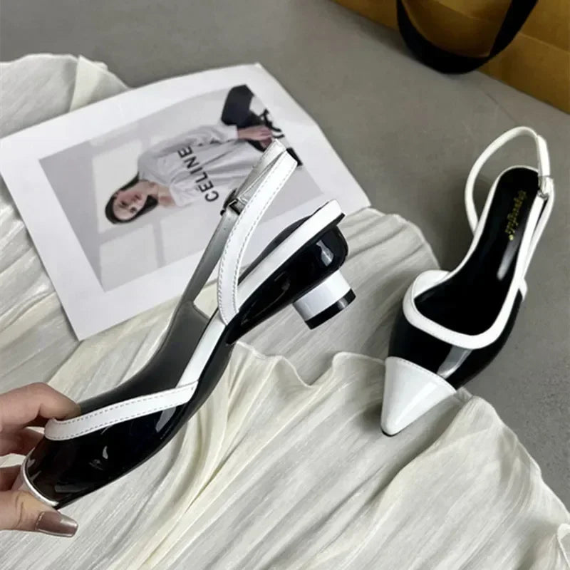 Designer Black White Mixed Color Low Heeled Sandals Women Sexy Pointed Toe Slingbacks Chunky High Heels for Women Elegant Heels