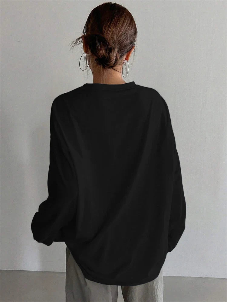 Women Basic Long Sleeve Loose O-neck T-shirt Autumn Winter Solid Color Tee Top Streetwear