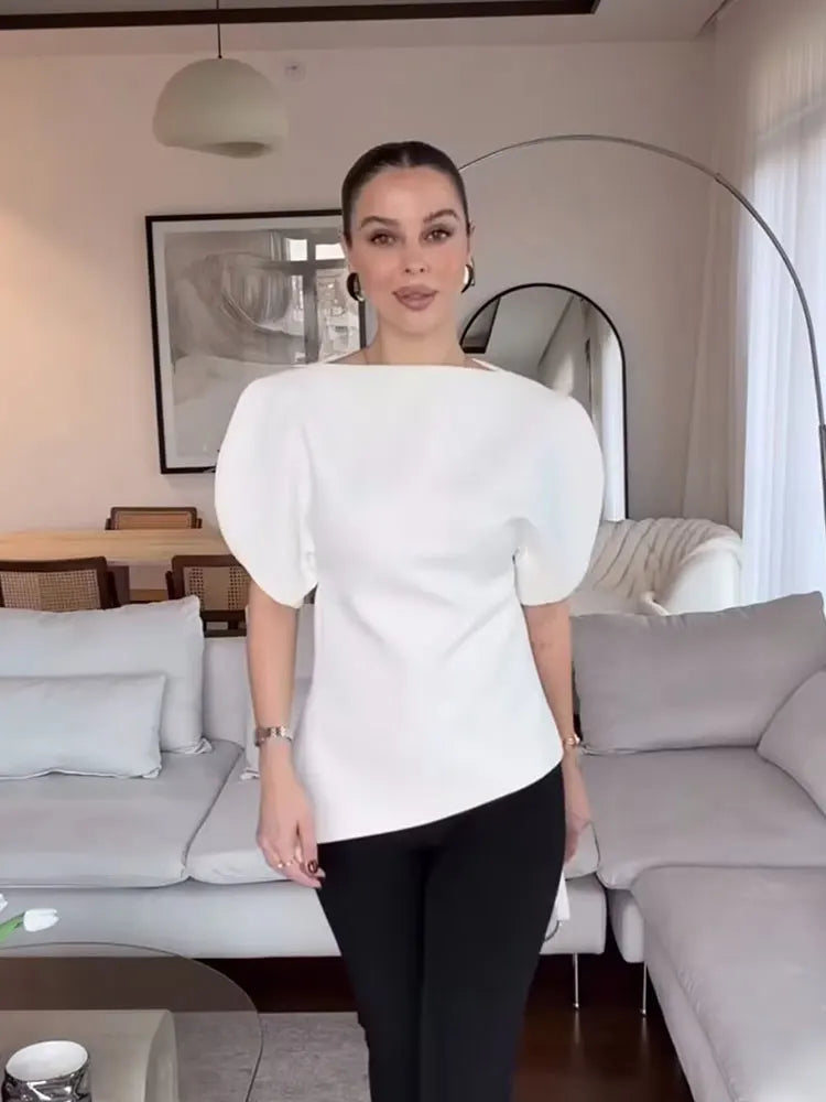 HH Women Vintage Black Short Puff Sleeve Shirts O Neck Asymmetrical Hem Blouse 2026 Spring Trend High Street Lady Chic Tops