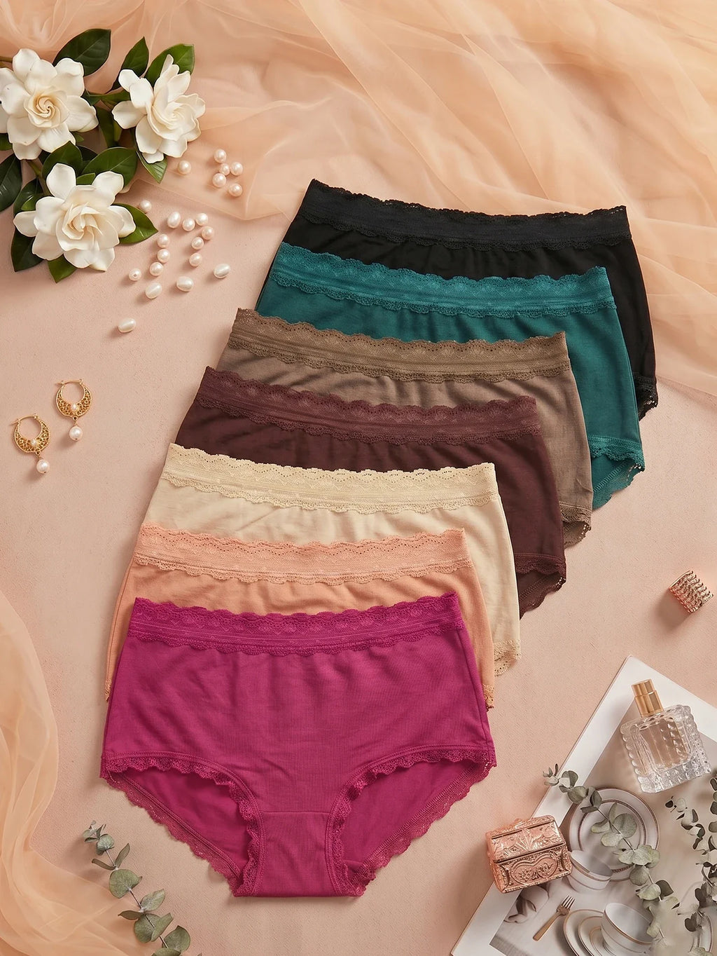 7Pcs/Set Women Lace Trim Seamless Panties Plain Sexy Lace Briefs Daily Breathable Girls Underwear Soft Plus Size Lingerie S-XXL