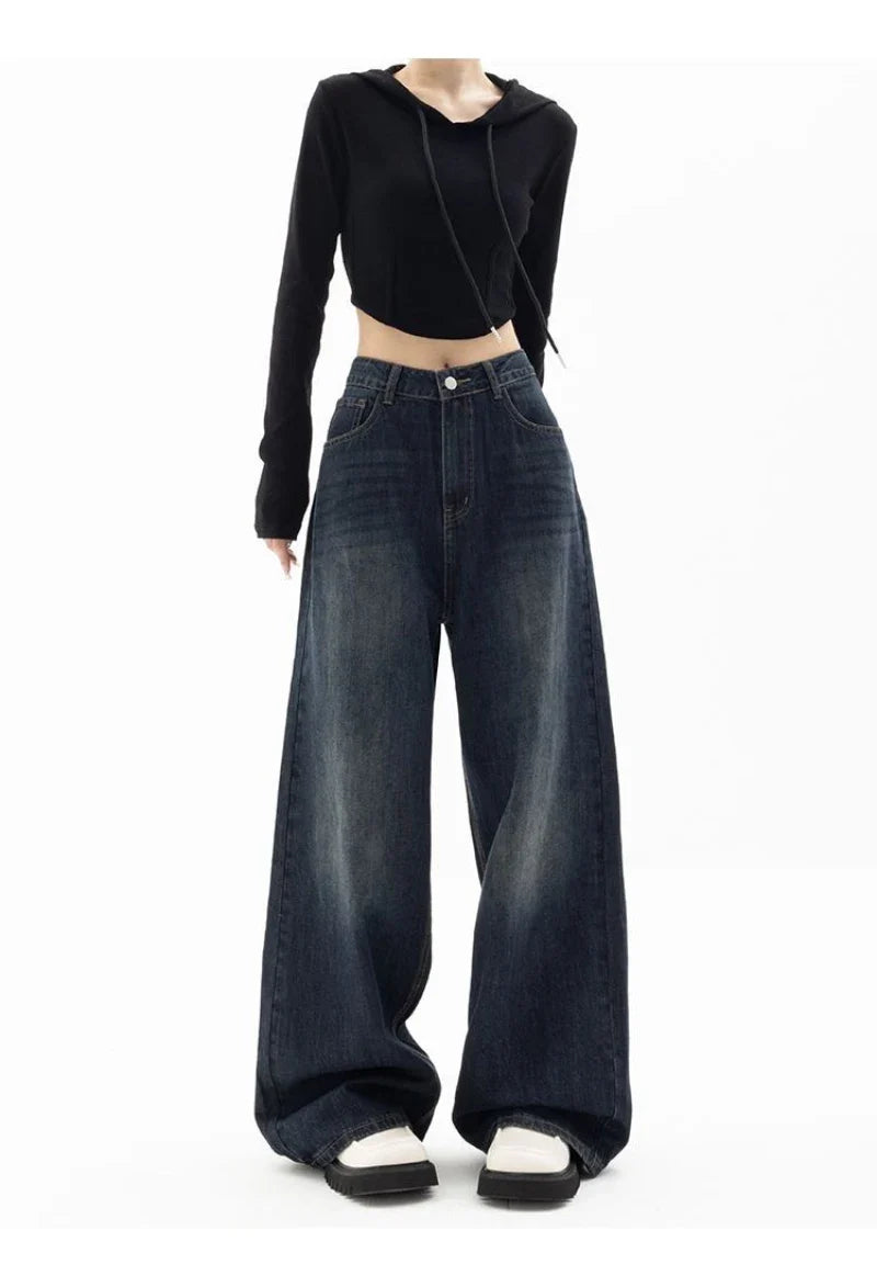 Women's Retro Street Style High-Waisted Wide Leg Pants Floor-Length Niche Design Loose Fit Slimming Jeans