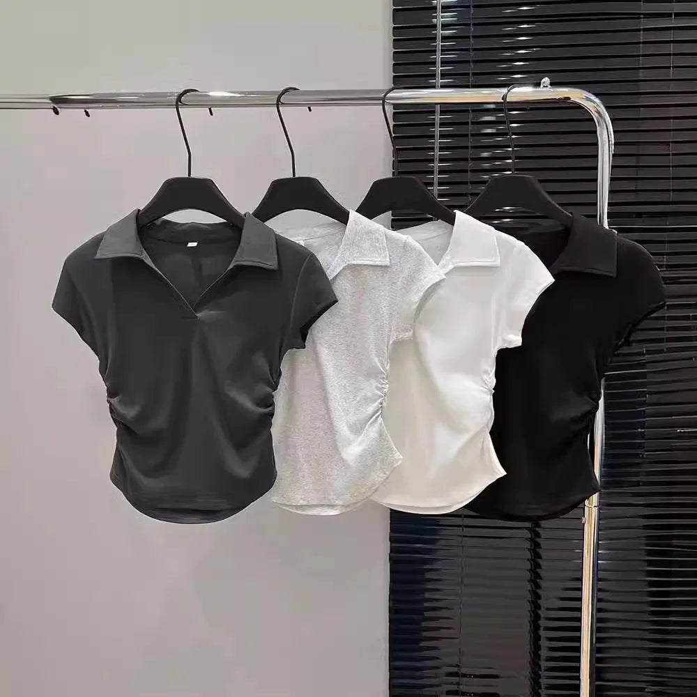 Cotton Summer Sexy Women's T Shirt Skinny Slim Basic Solid Crop Top Short Sleeve Polo TShirtCasual Top Tee for Women