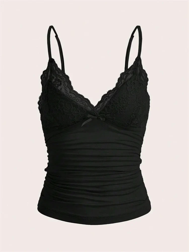 Sexy Contrast Lace Bow Front Crop Cami Top Women 2024 Summer Grunge Punk Y2K Clothes Ruched Skinny Backless Tee Shirt