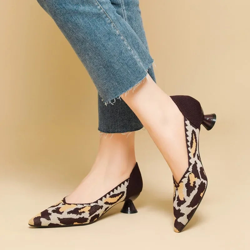 New Knitted Dress Shoes for Women Fashion Leopard Print Pointed Toe Shallow Designer Pumps Elegant Party Banquet Heels Ladies