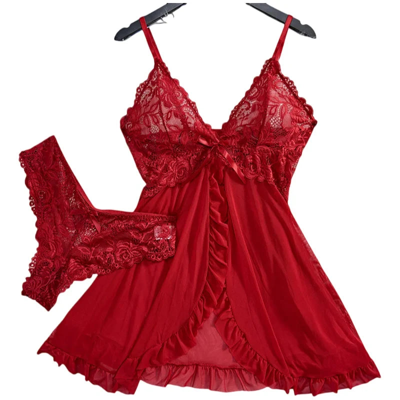 Ultra Sexy Lingerie Women Lace SeeThrough Nightdress Erotic PajamasSolid Soft Slim V Neck Sleepwear Summer Dress & Thong Kit