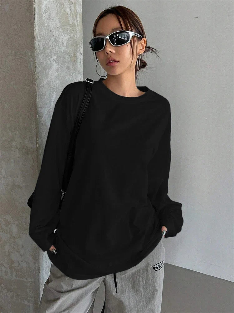 Women Basic Long Sleeve Loose O-neck T-shirt Autumn Winter Solid Color Tee Top Streetwear
