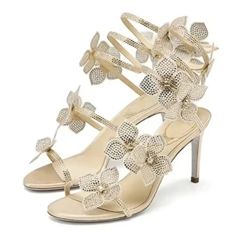 Aneikeh Sexy CRYSTAL Flower Narrow Band Ankle Strap Sandals Woman Thin High Heels Street Style  Pole Dancing Ladies Shoes