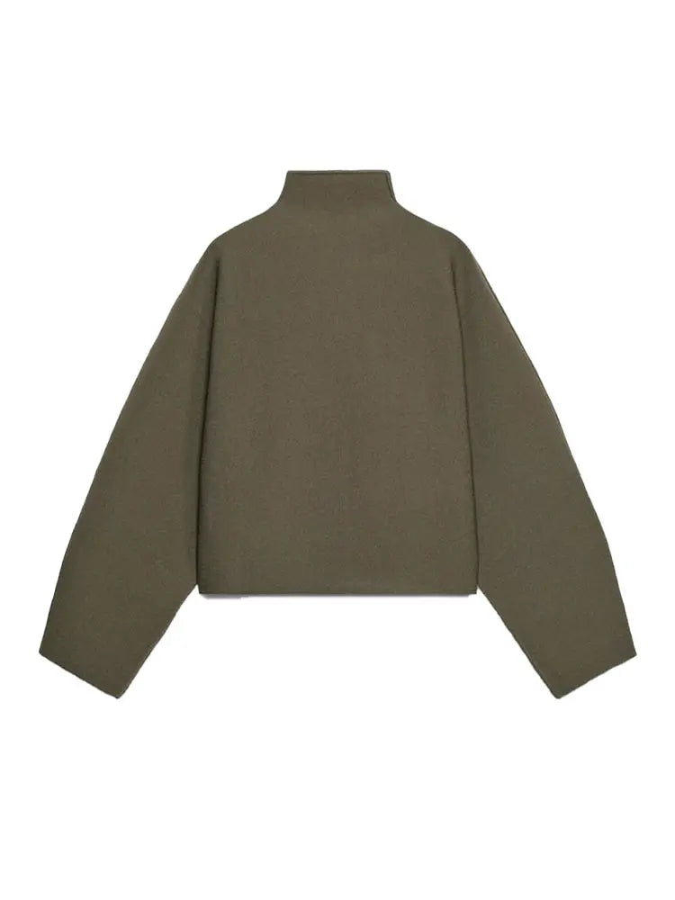 Vintage Stand Collar Women's Cropped Jacket Zipper Loose Full Sleeve Thick Warm Coat 2025 Autumn Winter Lady New in Outwear