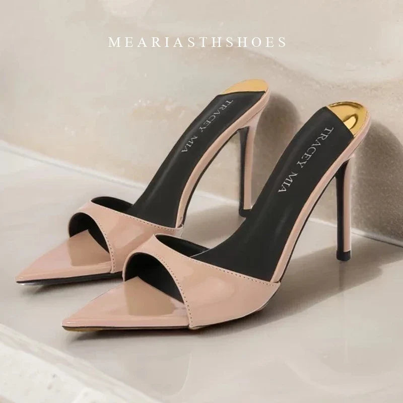 Ladies High-heeled Slippers Shoes Fashion Pointed Sexy Patent Leather Women with Open Toes and Party Wedding Stripper Sandals.