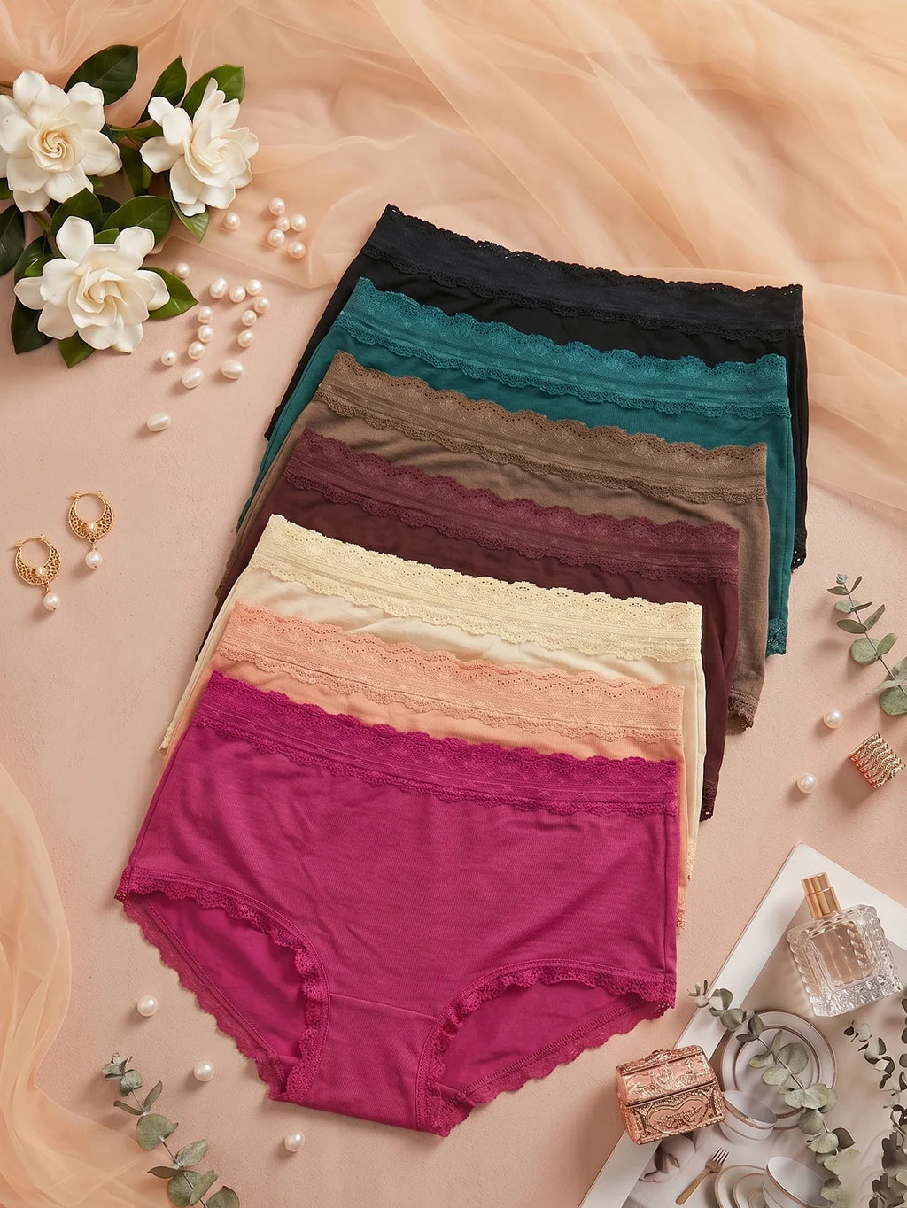 7Pcs/Set Women Lace Trim Seamless Panties Plain Sexy Lace Briefs Daily Breathable Girls Underwear Soft Plus Size Lingerie S-XXL