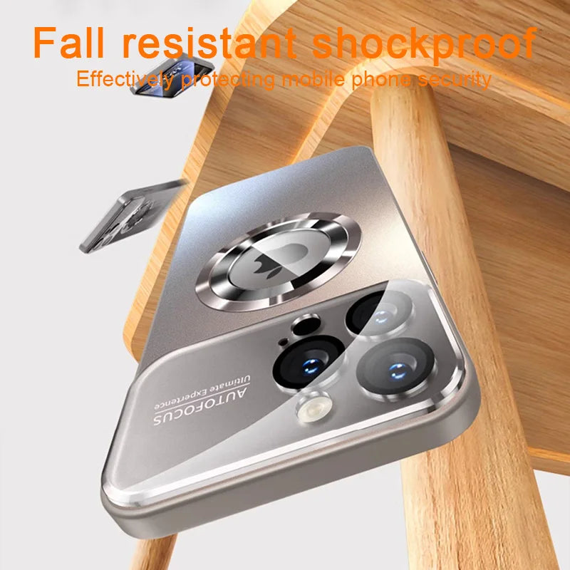 Luxury Glass Camera Lens Case for MagSafe Magnetic Wireless Charging, Shockproof Cover for iPhone 11 12 13 14 15 16 Pro Max Plus