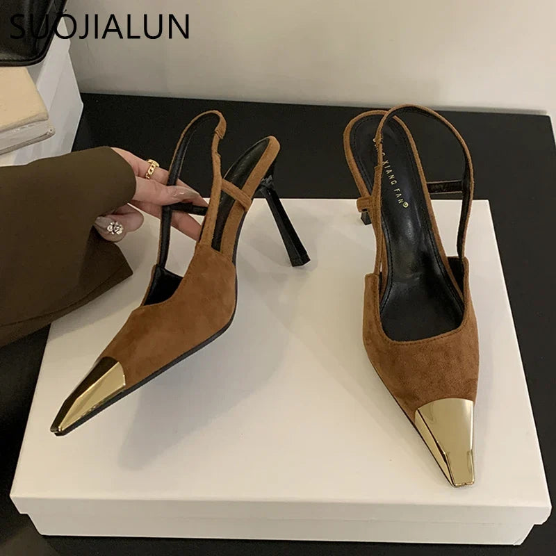 SUOJIALUN 2024 New Brand Women Sandal Fashion Mix Color Ladies Eelgant Outdoor Dress Slingback Shoes Thin High Heel Sexy Pumps S