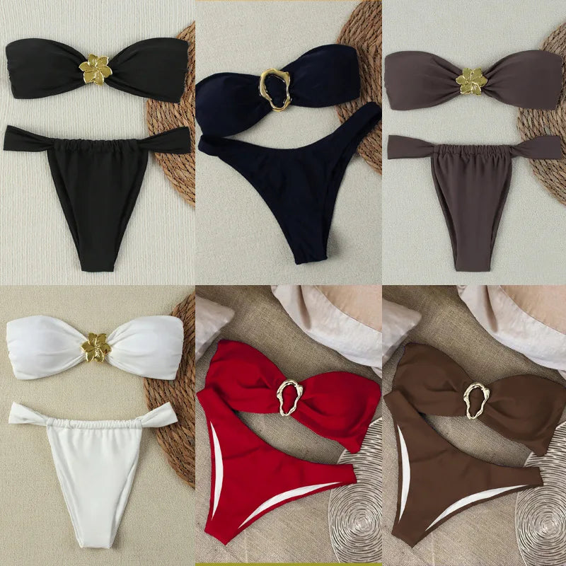 "2026 Sexy Bandeau Push-Up Bikini Set - Brazilian Thong Swimwear for Women"