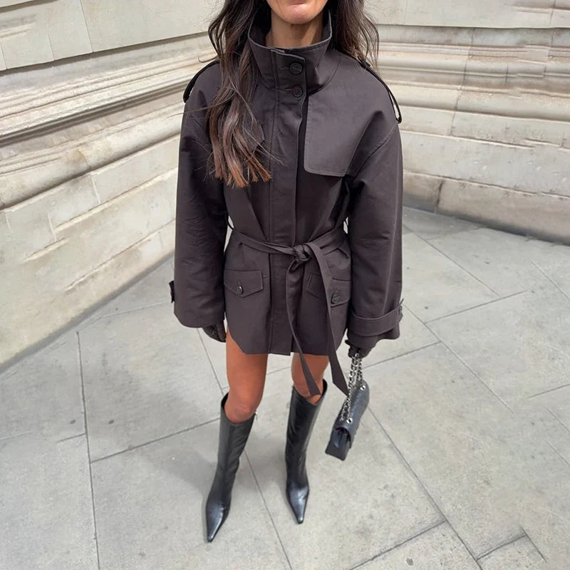 Solid Women's Trench Jacket Commute Stand Collar Long Sleeve Windbreaker With Lace Up Pocket 2026 New Autumn Street Lady Jackets