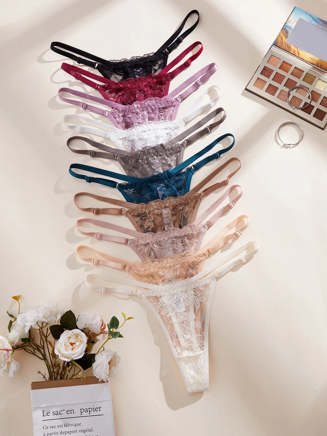 10Pcs/Set Sexy Lace Women Panties Low Waist G‑String Thong Adjustable Waistband Lingerie Underwear